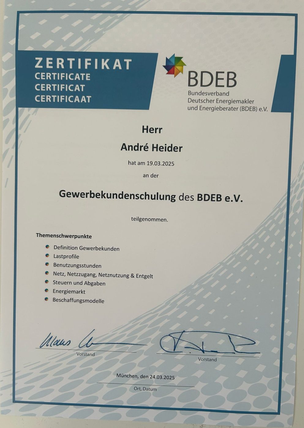 BDEB-Zertifikat: Gewerbekundenschulung des BDEB e.V., André Heider, 19.03.2025