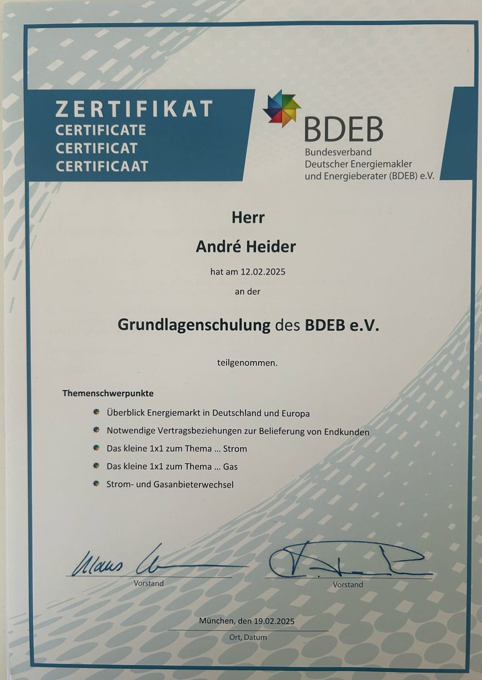 BDEB-Zertifikat: Grundlagenschulung des BDEB e.V., André Heider, 12.02.2025